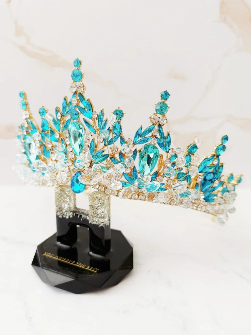 Aqua Blue Crystal Tiara, Gold Crown for Weddings, Pageants and Quinceañeras